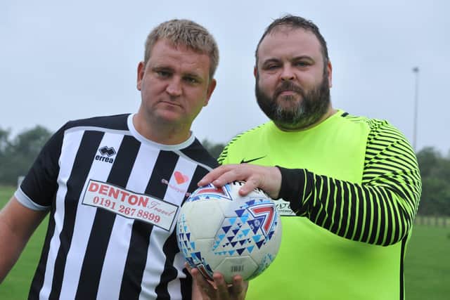 Going head to head before the Geordie v Mackem's football match are Gareth Horsley and David Bygate-Pittiglio at Nissan Sports Complex, Sunderland.