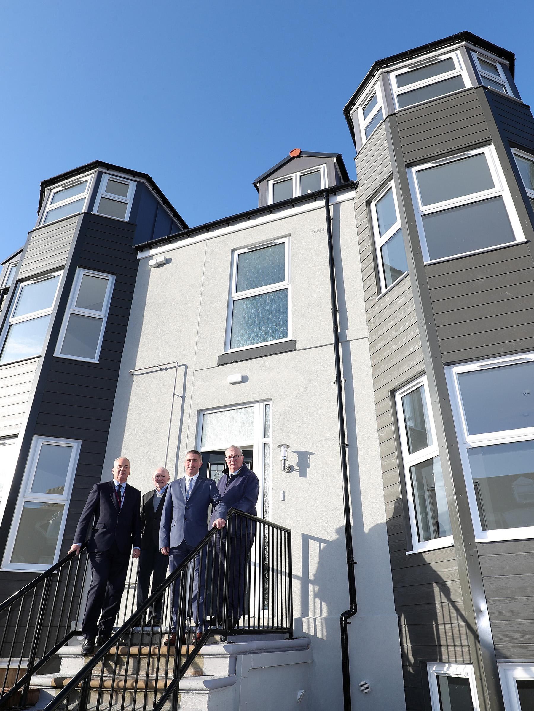 (Left-right) Brian Scott (Company Secretary of Ventures), Peter Davison (Chair of Ventures’ board), Coun Mark Walsh and Coun Richard Porthouse (Vice Chair of Ventures’ board) at the new Beach Road apartments.