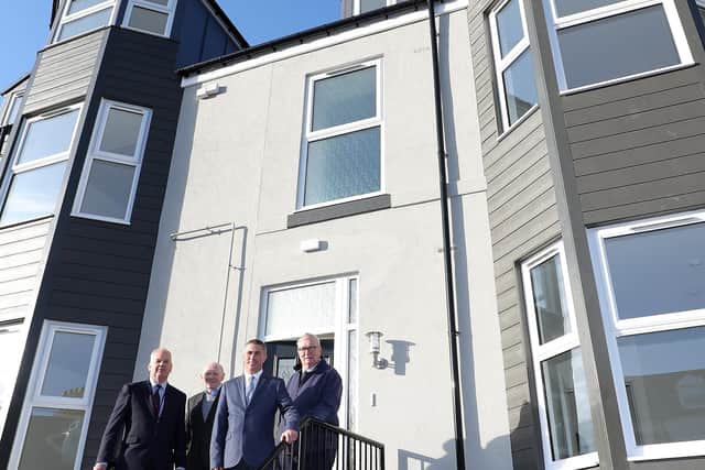 (Left-right) Brian Scott (Company Secretary of Ventures), Peter Davison (Chair of Ventures’ board), Coun Mark Walsh and Coun Richard Porthouse (Vice Chair of Ventures’ board) at the new Beach Road apartments.
