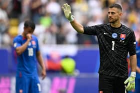 Slovakia's goalkeeper #01 Martin Dubravka reacts after the UEFA Euro 2024 Group E football match between Slovakia and Ukraine at the Duesseldorf Arena in Duesseldorf on June 21, 2024. (Photo by INA FASSBENDER / AFP) (Photo by INA FASSBENDER/AFP via Getty Images)