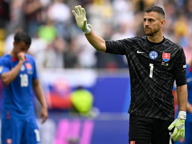 Slovakia's goalkeeper #01 Martin Dubravka reacts after the UEFA Euro 2024 Group E football match between Slovakia and Ukraine at the Duesseldorf Arena in Duesseldorf on June 21, 2024. (Photo by INA FASSBENDER / AFP) (Photo by INA FASSBENDER/AFP via Getty Images)