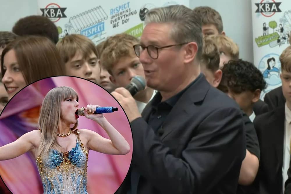 Keir Starmer says he went to see Taylor Swift in concert and his favourite song is 'Change'. Credit: ODN/ Inset: Taylor Swift performs at Wembley Stadium on June 21, 2024 Picture: Gareth Cattermole/Getty Images