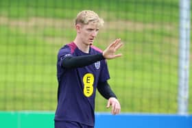 Anthony Gordon of England reacts during an England Training Session at Spa & Golf Resort Weimarer Land on June 27, 2024 in Blankenhain, Germany. (Photo by Richard Pelham/Getty Images)
