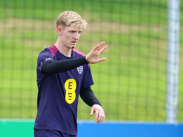 Anthony Gordon of England reacts during an England Training Session at Spa & Golf Resort Weimarer Land on June 27, 2024 in Blankenhain, Germany. (Photo by Richard Pelham/Getty Images)