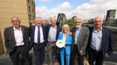 Left  to right - Great North Run Founders Max Coleby Brendan Foster - first male winner Mike McLeod - Cherry Alexander VP European Athletics - GNR founder John Caine and Eric Wilkins