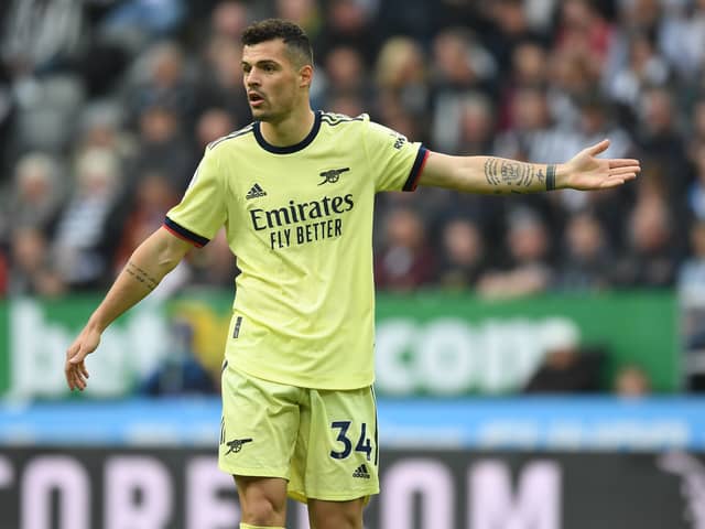 Granit Xhaka of Arsenal during the Premier League match between Newcastle United Photo by Stuart MacFarlane/Arsenal FC via Getty Images)