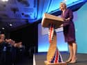 Foreign Secretary Liz Truss delivers an acceptance speech at the Queen Elizabeth II Conference Centre in Westminster after being announced the winner of the Conservative Party leadership contest in London