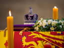 The Imperial State Crown upon the coffin carrying Queen Elizabeth II in Westminster Hall for the Lying-in State 