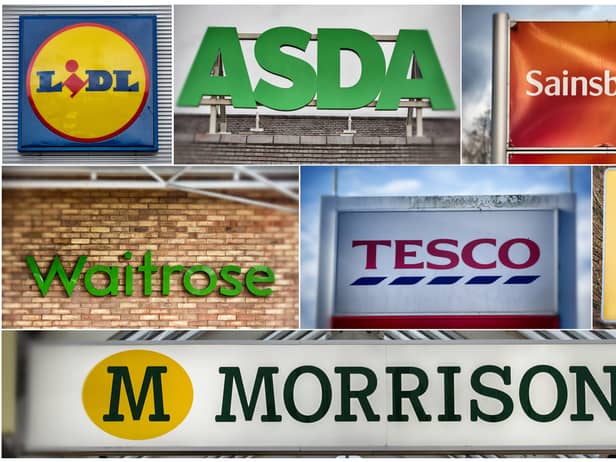 BRISTOL, ENGLAND - NOVEMBER 18:  In this composite image, the logos of the UK’s leading supermarkets (Left to right from top row) Lidl, Asda, Sainsbury’s (Middle row left to right) Waitrose, Tesco and Aldi and bottom row Morrisons (Photo by Matt Cardy/Getty Images)