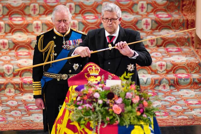 King Charles III looked on as the Lord Chamberlain conducted the Wand of Office at Queen Elizabeth II’s Committal service.