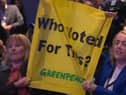 Protestors heckle Prime Minister Liz Truss during her keynote speech at the Conservative Party Conference 2022 in Birmingham.