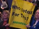 Protestors heckle Prime Minister Liz Truss during her keynote speech at the Conservative Party Conference 2022 in Birmingham.