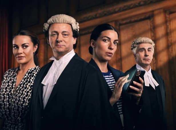 <p>Chanel Cresswell as Coleen Rooney, Michael Sheen as David Sherborne, Natalia Tena is Rebekah Vardy, and Simon Coury as Hugh Tomlinson (Credit: Channel 4)</p>
