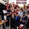 South Shields players and staff celebrate after their FA Cup fourth qualifying round win against National League club Scunthorpe United (photo Kevin Wilson)