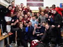 South Shields players and staff celebrate after their FA Cup fourth qualifying round win against National League club Scunthorpe United (photo Kevin Wilson)