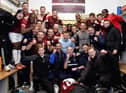 South Shields players and staff celebrate after their FA Cup fourth qualifying round win against National League club Scunthorpe United (photo Kevin Wilson)