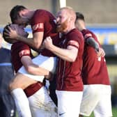 Robert Briggs celebrates with his South Shields team-mates after netting the only goal in South Shields 1-0 win against Warrington Rylands (photo Kevin Wilson)