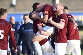 Robert Briggs celebrates with his South Shields team-mates after netting the only goal in South Shields 1-0 win against Warrington Rylands (photo Kevin Wilson)