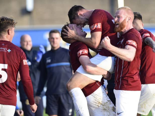 Robert Briggs celebrates with his South Shields team-mates after netting the only goal in South Shields 1-0 win against Warrington Rylands (photo Kevin Wilson)