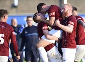 Robert Briggs celebrates with his South Shields team-mates after netting the only goal in South Shields 1-0 win against Warrington Rylands (photo Kevin Wilson)