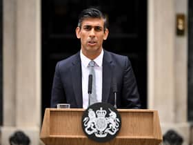 British Prime Minister Rishi Sunak makes a statement after taking office outside Number 10 in Downing Street on October 25, 2022 in London, England. Rishi Sunak will take office as the UK's 57th Prime Minister today after he was appointed as Conservative leader yesterday. He was the only candidate to garner 100-plus votes from Conservative MPs in the contest for the top job. He said his aim was to unite his party and the country. (Photo by Leon Neal/Getty Images)
