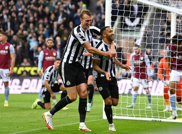 <p>Callum Wilson of Newcastle United celebrates after scoring their side’s second goal during the Premier League match between Newcastle United and Aston Villa at St. James Park on October 29, 2022 in Newcastle upon Tyne, England.</p>