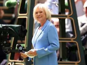 Presenter of the Centre Court Centenary Ceremony, BBC Presenter & Former Tennis Player, Sue Barker smiles on day seven of The Championships Wimbledon 2022 at All England Lawn Tennis and Croquet Club on July 03, 2022 in London, England. (Photo by Ryan Pierse/Getty Images)