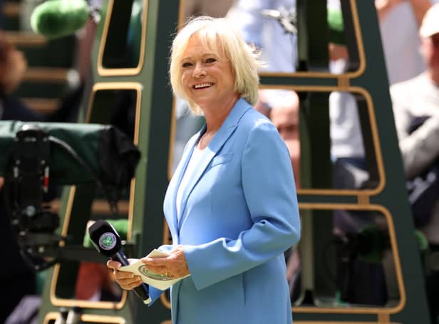 <p>Presenter of the Centre Court Centenary Ceremony, BBC Presenter & Former Tennis Player, Sue Barker smiles on day seven of The Championships Wimbledon 2022 at All England Lawn Tennis and Croquet Club on July 03, 2022 in London, England. (Photo by Ryan Pierse/Getty Images)</p>