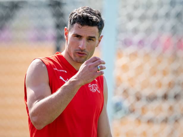 Fabian Schar attends a training session at the University of Doha for Science and Technology training facilities in Doha on November 16, 2022, ahead of the Qatar 2022 World Cup football tournament. (Photo by FABRICE COFFRINI / AFP) (Photo by FABRICE COFFRINI/AFP via Getty Images)