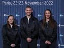 Meganne Christian (L), John McFall (C), and Rosemary Coogan (R) pose during a ceremony to unveil the European Space Agency new class of career astronauts in Paris on November 23, 2022