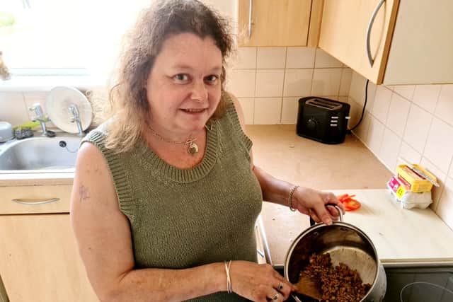 Alison Palmer with food she has made for her YouTube channel ‘cooking on benefits’. A savvy mum reveals the shopping and cooking hacks that enable her to cook meals for her family for as little - as 75p.