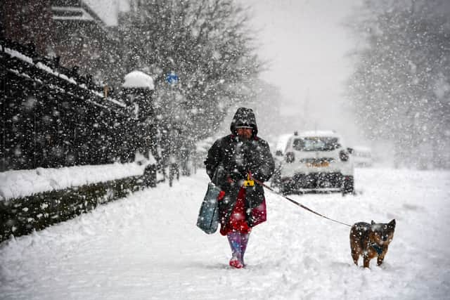 A woman walks a dog through the snow in Glasgow in 2021. (Photo by Andy Buchanan / AFP) (Photo by ANDY BUCHANAN/AFP via Getty Images)
