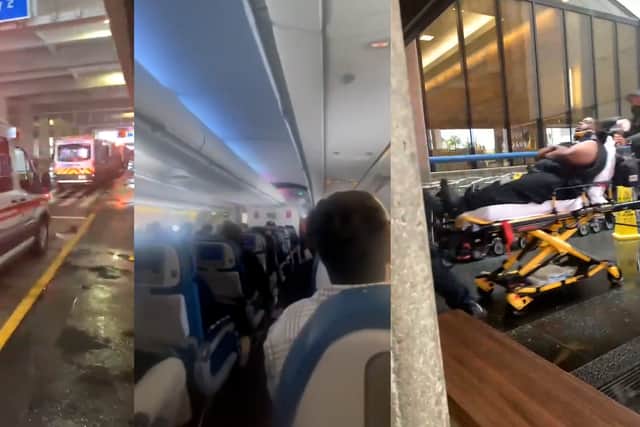 A video filmed shortly after landing shows the cabin in disarray, with debris strewn across the aisle and passengers wearing oxygen masks. 