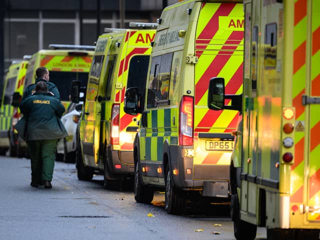A queue of ambulances are seen outside the Royal London Hospital emergency department on November 24, 2022. That week, nearly three in 10 ambulances were queuing outside hospitals in England. 