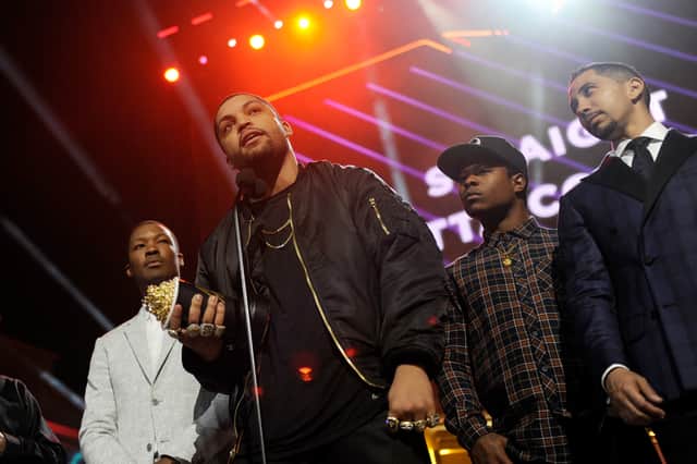 L-R) Actors Corey Hawkins, O'Shea Jackson Jr., Jason Mitchell and Neil Brown Jr. accept the True Story award for 'Straight Outta Compton' onstage during the 2016 MTV Movie Awards