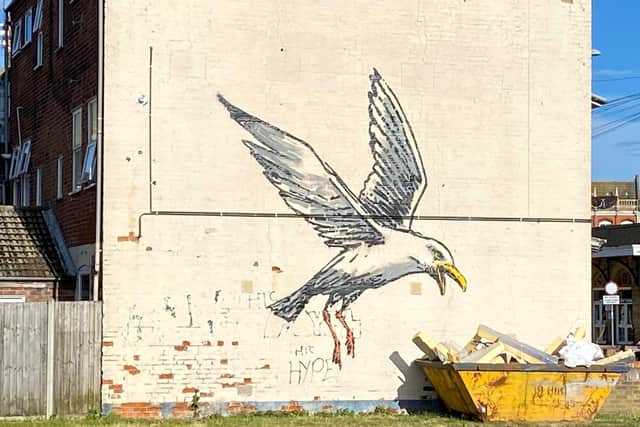 A Banksy mural in Lowestoft, Suffolk of a seagull eating a large ‘chip’ from a skip had been plundered by opportunists who were trying to sell two ‘polystyrene fries’ to art dealers.