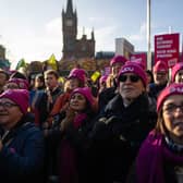  Representatives of National Education Union (NEU), Communication Workers Union (CWU) and the public-service union Unison join a rally by the University and College Union (UCU).