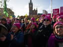 Representatives of National Education Union (NEU), Communication Workers Union (CWU) and the public-service union Unison join a rally by the University and College Union (UCU).