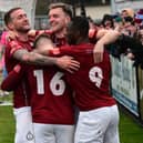 South Shields celebrate their first goal in a 2-0 home win against Lancaster City (Photo - Kevin Wilson)