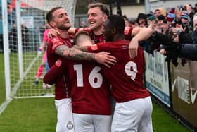 South Shields celebrate their first goal in a 2-0 home win against Lancaster City (Photo - Kevin Wilson)