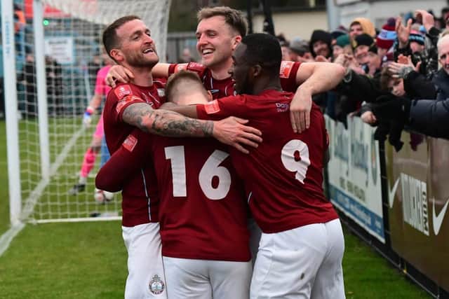 South Shields celebrate their first goal in a 2-0 home win against Lancaster City (Photo - Kevin Wilson)