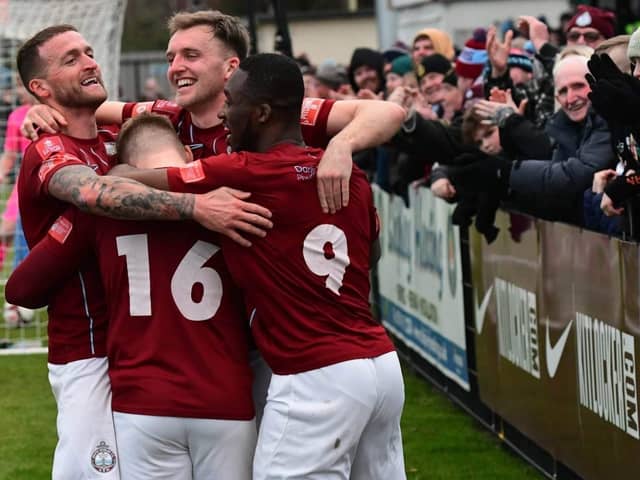 South Shields celebrate their first goal in a 2-0 home win against Lancaster City (Photo - Kevin Wilson)