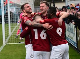 South Shields celebrate their first goal in a 2-0 home win against Lancaster City (Photo - Kevin Wilson)