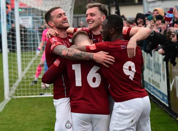 <p>South Shields celebrate their first goal in a 2-0 home win against Lancaster City (Photo - Kevin Wilson)</p>