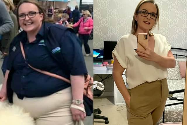 Caroline Archer before and after weightloss. (SWNS)