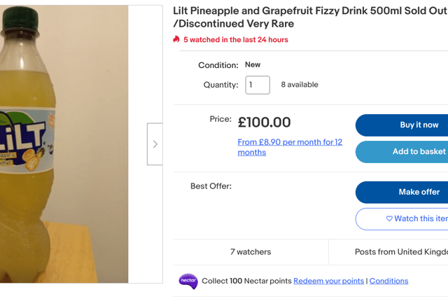  A fan is selling a 500ml bottle of Lilt drink for £100 which they brand as “very rare”. 