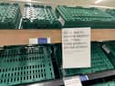 Empty shelves are seen in the fruit and vegetable aisles of a Tesco supermarket on February 22, 2023 in Burgess Hill.