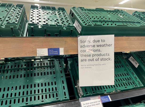 <p>Empty shelves are seen in the fruit and vegetable aisles of a Tesco supermarket on February 22, 2023 in Burgess Hill.</p>