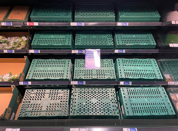 <p>Empty shelves are seen in the fruit and vegetable aisles of a Tesco supermarket on February 22, 2023 in Burgess Hill.</p>