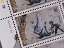 Ukraine postage stamps depicting a Banksy mural